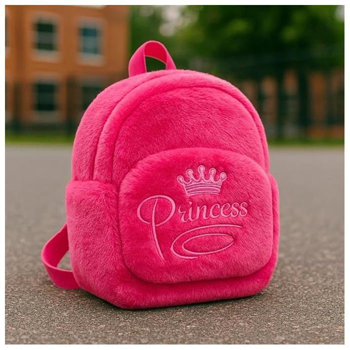 Girls' Backpack 27cm Pink Soft Plush Princess Crown Design Ideal for Nursery School and Outings