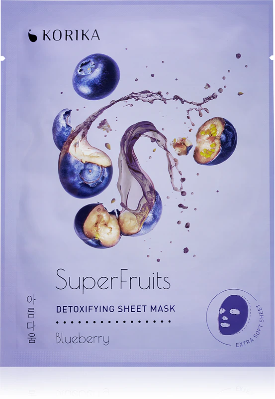 KORIKA SuperFruits Bosbes - Set van 5 Ontgiftende Gezichtsmaskers - een set gezichtsmaskers met een ontgiftende werking dankzij de bosbessensmaak, nu verkrijgbaar met korting.