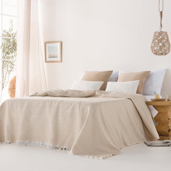 Multifunctional throw for bed and sofa. Throw - Soft and breathable honeycomb cotton bedspread - 130*180 cm, beige