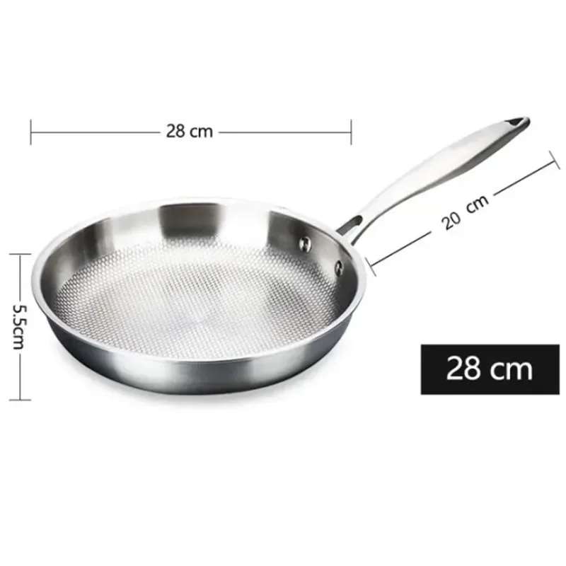 Poêle à frire 28/30 cm en acier inoxydable 304, antiadhésive, sans revêtement, idéale pour les œufs, les steaks et autres préparations. Compatible avec les plaques à gaz et à induction.