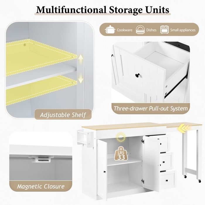 Extendable kitchen island on casters 112-186×45×93 cm Dining table with worktop, 2 doors, 3 drawers - white