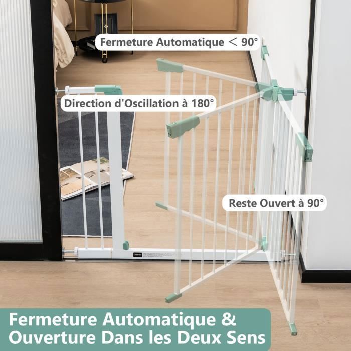 COSTWAY Barrière de Sécurité Bébé Extensible Large 80-132 cm Double Verrouillage Fermeture Automatique par Pression sans Perçage