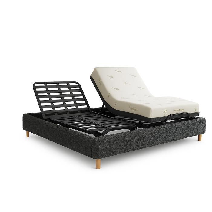 Conjunto de cama eléctrica de 200x200 cm, color gris – Base de láminas ajustables + borde con bucles + colchón