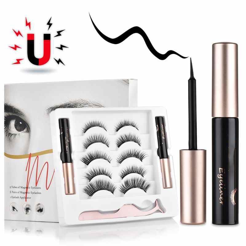 Set di ciglia magnetiche e eyeliner, trucco naturale e folto con piegaciglia, 5 paia di ciglia finte + 2 eyeliner magnetici, kit trucco a lunga durata