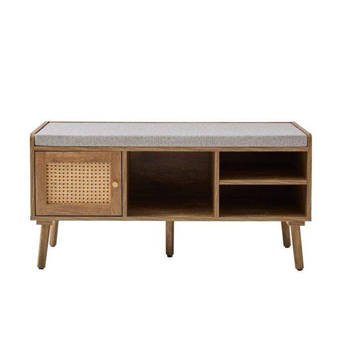 CALICOSY - Shoe bench with 1 door and rattan front, 100 cm wide, PALMO - Light wood