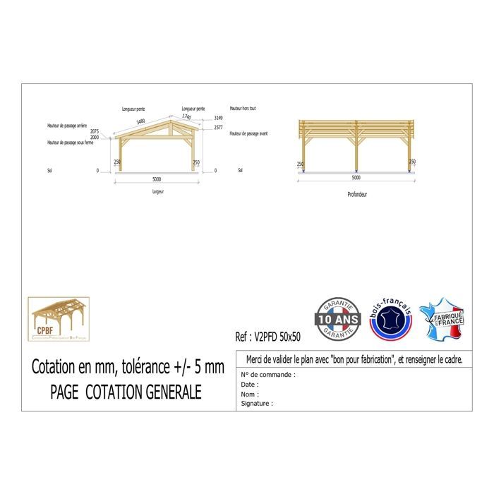 Carport aus französischer Douglasie, 25 m² – 2 Dachflächen mit versetztem First – 6 Pfosten – Unterstand für Fahrzeuge im Freien – 10 Jahre Garantie