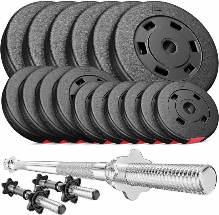 Hop-Sport 58kg Hantelset mit 167cm langer Stange, 45cm kurzen Stangen, 6 x 5kg Gewichtsscheiben, 4 x 2,5kg Gewichtsscheiben, 6 x 1,25kg Gewichtsscheiben