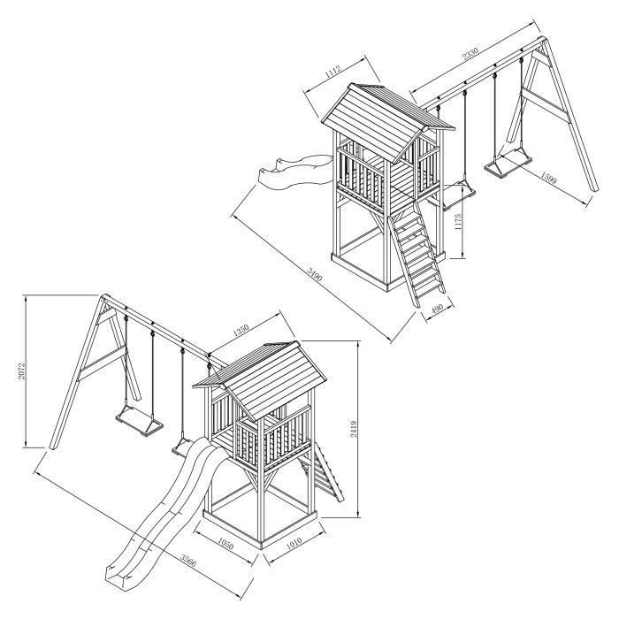 Area giochi AXI Beach Tower con scivolo verde chiaro, 2 altalene e sabbiera | Grande casetta da gioco all'aperto marrone