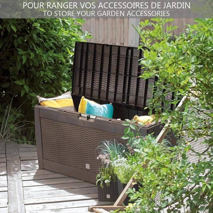 Caja de almacenamiento para jardín VOUNOT® con asas y ruedas, 310 L - Baúl de almacenamiento exterior de PP - 119 x 48 x 60 cm - Estilo ratán sintético marrón