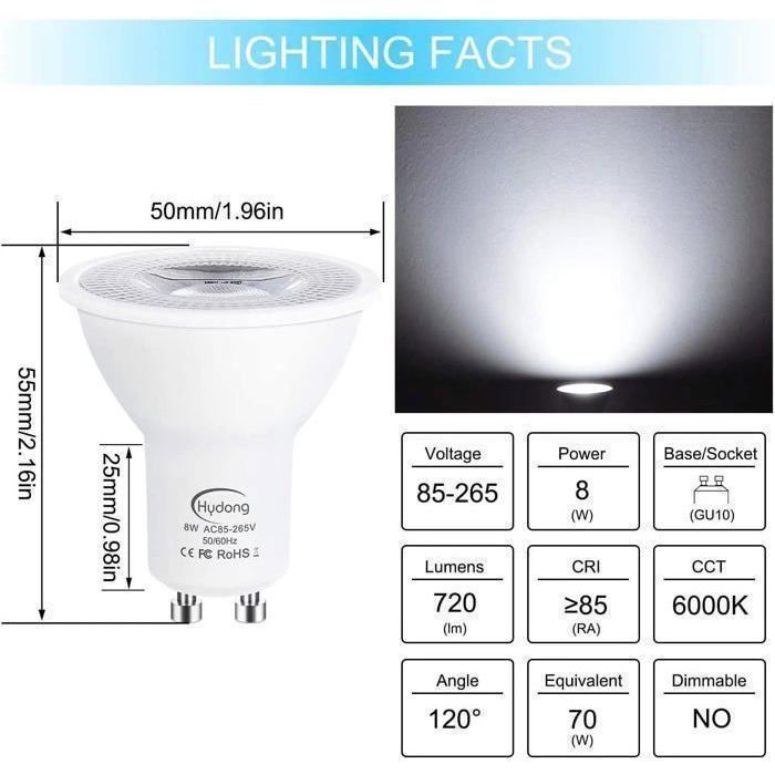 Bombilla LED GU10, blanco frío, 7W (equivalente a bombilla halógena de 70W), 720LM, focos LED, no regulables, paquete de 10 unidades.