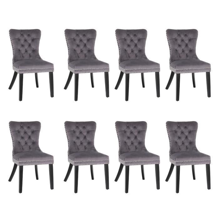 Set of 8 Grey Velvet Dining Chairs - Scandinavian Style - Solid Black Wood Legs - 91x50x54cm