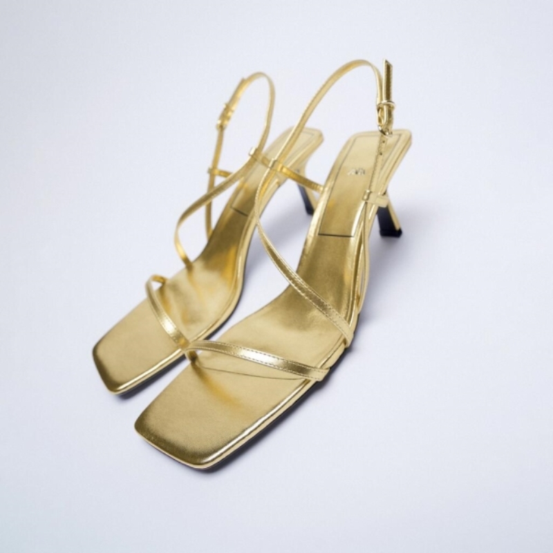 Scarpe estive da donna, nuovo stile, con strato in metallo placcato oro, tacco alto, sandali in pelle