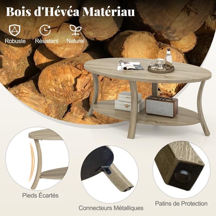Mesa de centro ovalada COSTWAY con 2 niveles, mesa de centro de madera de caucho, estante de almacenamiento, mesa de centro para sala de estar, capacidad de carga 160 kg, natural
