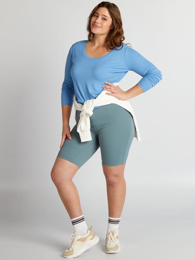 Camiseta canelada macia com gola ampla - AZUL