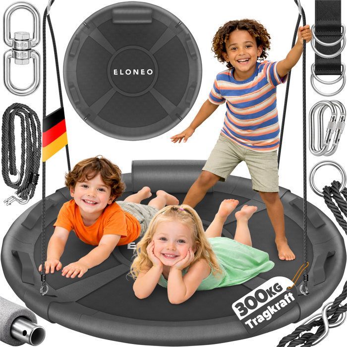 Columpio nido ELONEO de 120 cm, color negro, redondo, para niños y adultos, hasta 300 kg, ajustable, con cojín y accesorios.