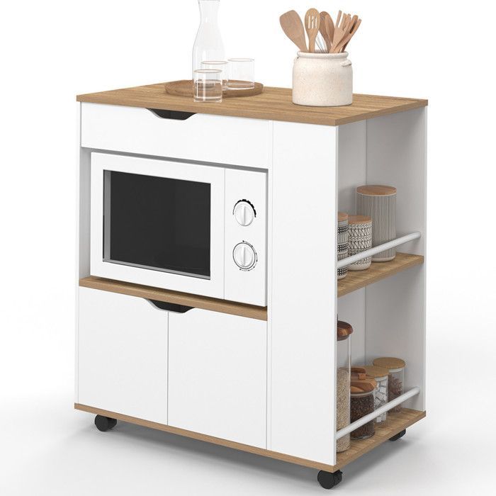 IDMARKET COSI Küchenwagen mit Mikrowelle, Schublade und Gewürzablagen, weißes Holz und Ablagen in Buchenoptik, L. 76 cm
