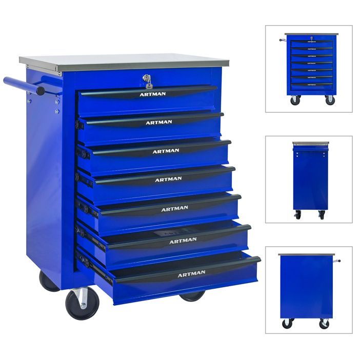 Carrello portautensili - 7 cassetti - Acciaio inox - Ruote piroettanti - Serratura a chiave