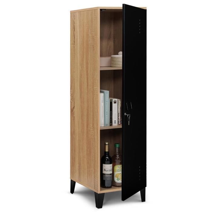 IDMARKET Armoire vestiaire ESTER 1 porte métal noir et contour bois design industriel