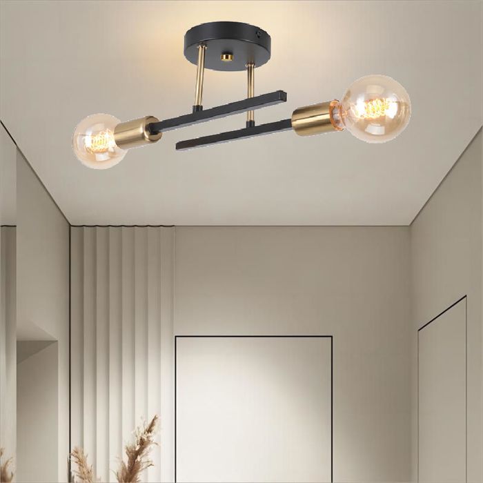 Lámpara de techo industrial retro WOTTES, 2 cabezales E27, aplique de pared escandinavo - Negro y cobre - 1 unidad para pasillo de loft