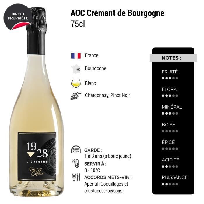 Crémant de Bourgogne Cuvée 1928 Extra-Brut Blanc - Lot de 6x75cl - Cave de Bissey - Vin effervescent AOC Blanc de Bourgogne