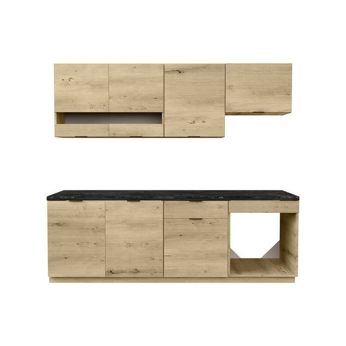 Komplette Küche – mit 200 cm Arbeitsplatte – Natur und Anthrazit – CARMEO