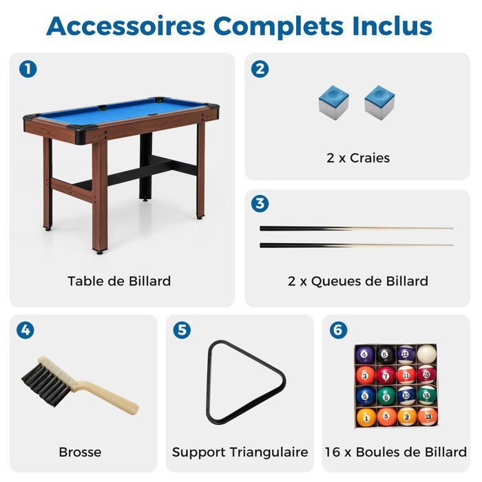 DREAMADE Table de Billard 122 CM avec Ensemble Complet de Boules, 2 Queues, Craies, Brosse, Triangle, pour Salle de Jeu, Bleu