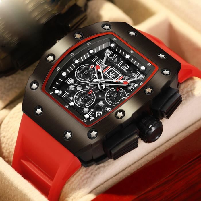 Orologio cronografo da uomo SHARPHY con quadrante tonneau luminescente e cinturino in gomma rosso acceso.