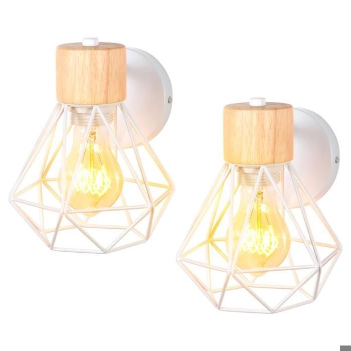 WOTTES Applique murale en bois Moderne intérieure 2 pièces, Ø16cm Blanc Cage lampe murale industrielle pour Cuisine Balcon