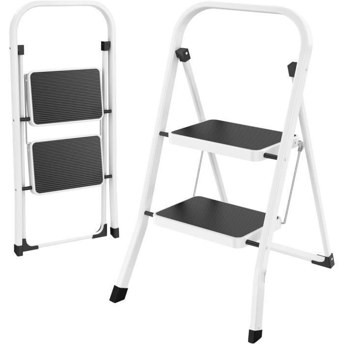 Taburete plegable de 2 peldaños, escalera metálica antideslizante, peldaños de 30 x 20 cm, capacidad de 150 kg, 46,5 x 55,5 x 81,5 cm, blanco