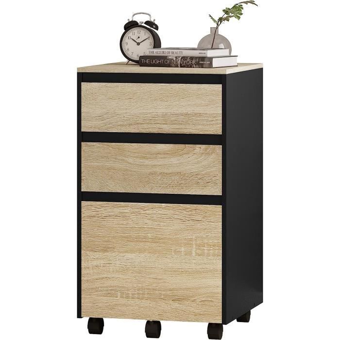 Cajonera móvil WOLTU, mueble de oficina con 3 cajones, 40x40x70cm, roble claro y negro, W0ATT0032