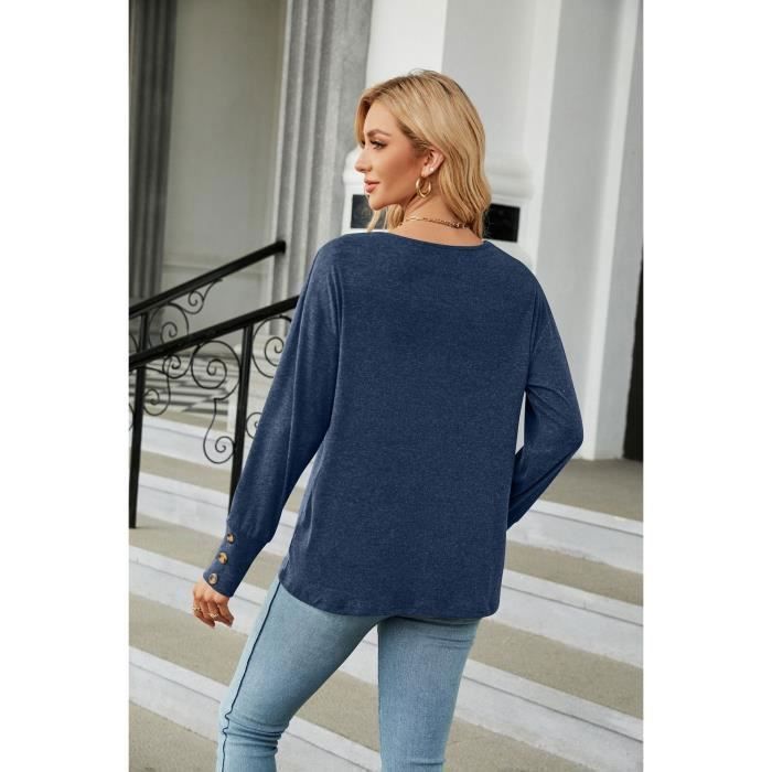 Jersey de mujer de manga larga con cuello en V y botones, corte holgado, color liso, ideal para primavera y otoño - Talla europea - Azul