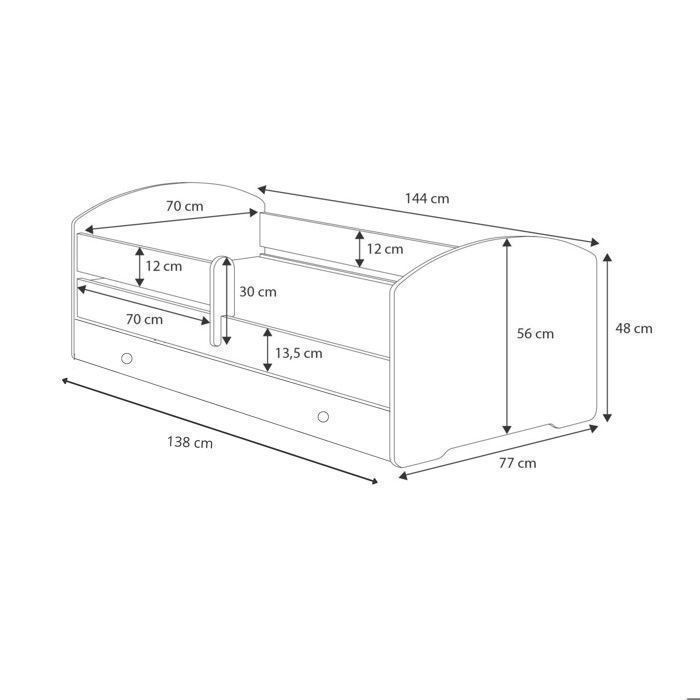 Cama infantil LUK de 70x140 cm con colchón, somier de láminas y cajón, barandilla de seguridad, color blanco.