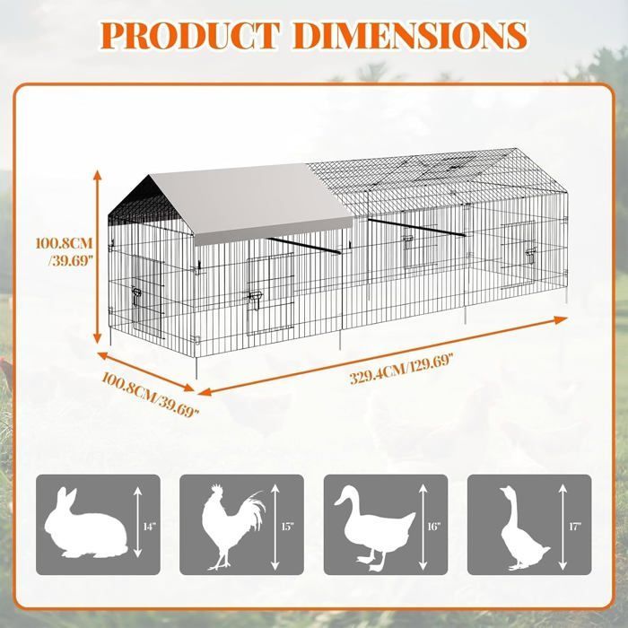 KIPPENHOK - Kippenhok met omheining van 330 x 101 x 101 cm, ren van gaas van 3 x 1 m, gegalvaniseerd staal