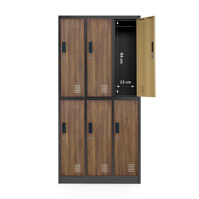 3B2A Locker, metalen kast met 6 vakken, gepoedercoat, 185 cm x 90 cm x 45 cm (antraciet/houtnerf)