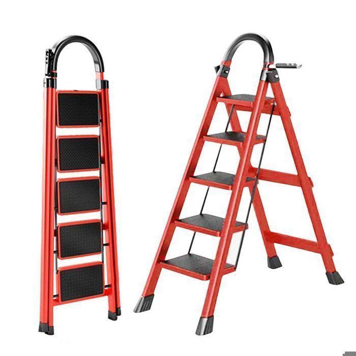 Escalera plegable de 5 peldaños Seven Comfort - Estabilidad y seguridad óptimas - Capacidad de carga de 150 kg - Acero - Rojo