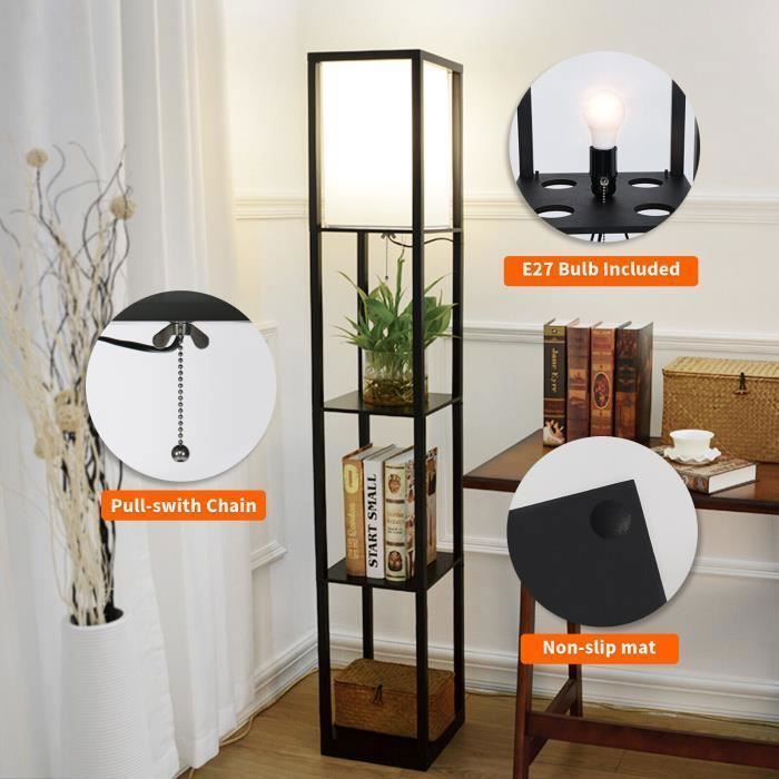 Lámpara de pie/estantería de madera de 1,6 m con bombilla E27 - Negra