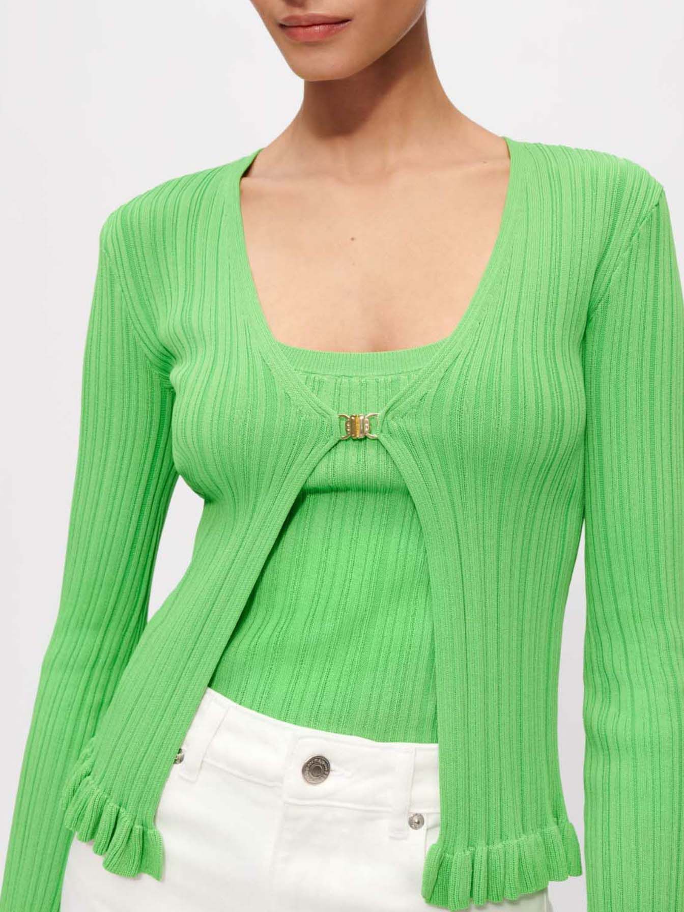 Geribbeld gebreid vest met ruches - Vert