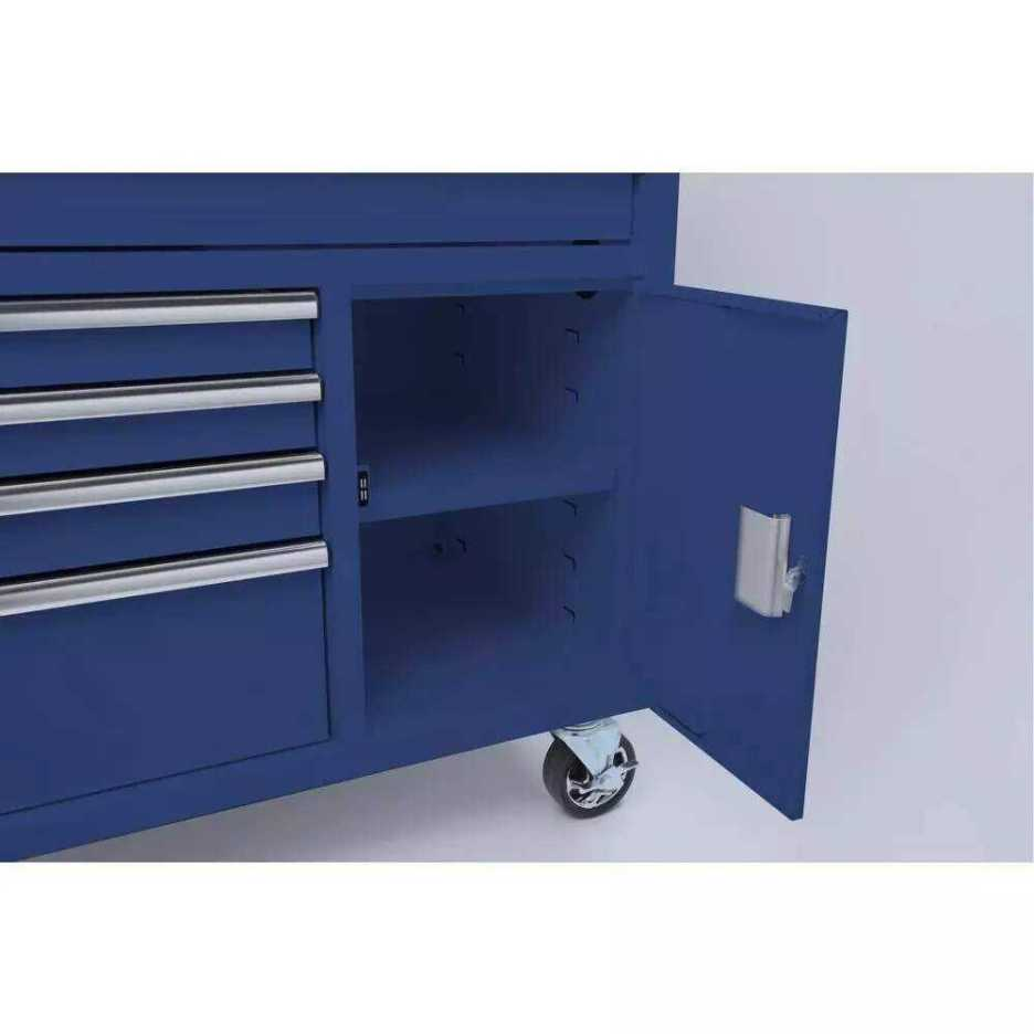 56 inch breed. 5 lades, 1 deur, diepe gereedschapskist, mobiele werkbank, helderblauw, hardhouten blad.