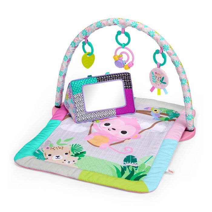 BRIGHTS STARTS Petit tapis d'éveil bébé pliable rose, arche de jeux, 5 jouets bébé, miroir, cartes, boulier et anneau de dentition