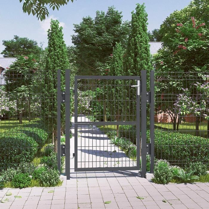 Puerta de hierro galvanizado SONGMICS - Puerta de valla - Robusta y duradera - 106x171cm - Cerradura, manija y llave - Gris GGD175GY