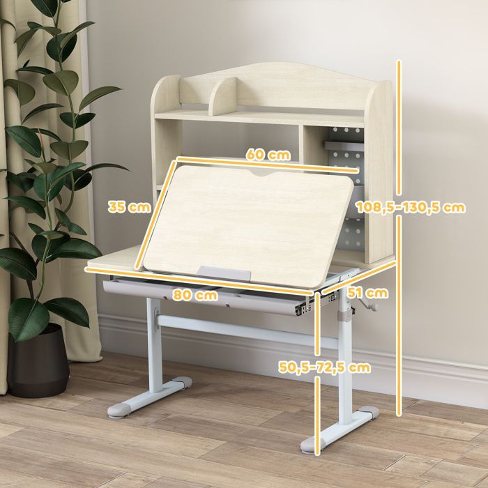 Bureau pour enfants - AIYAPLAY - réglable en hauteur, plateau inclinable, tiroir, étagère - PP - 80x51x108,5-130,5cm - naturel