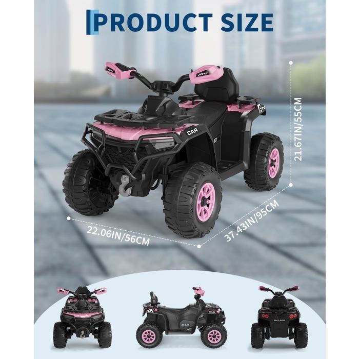 Coche eléctrico infantil 4x4 tipo buggy, 12 V, velocidad máxima de 6 km/h, suspensión, faro LED, Bluetooth, música, color rosa.