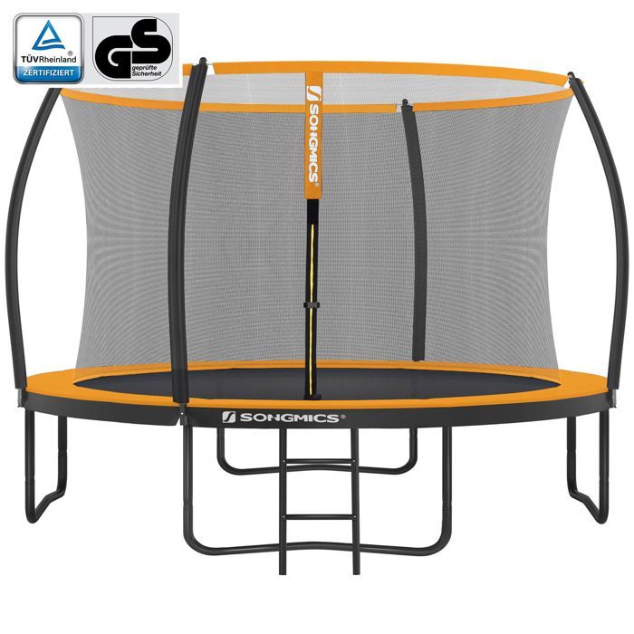 Cama elástica SONGMICS de Ø 366 cm con escalera y red de seguridad, color negro y naranja.