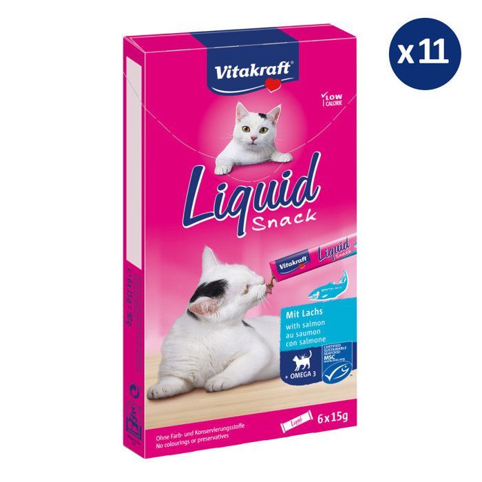 11 x 6 Snacks líquidos Vitakraft con salmón y Omega 3 para gatos