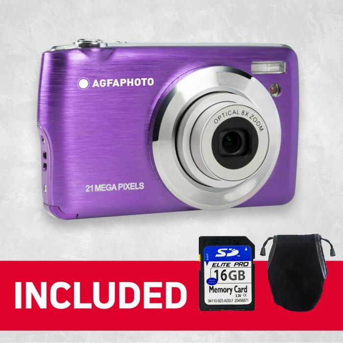 AGFA PHOTO Realishot DC8200 - Compacte digitale camera van 18 MP, Full HD-video, 2,7 inch LCD-scherm, 8x zoom, 16 GB SD-kaart - Paars