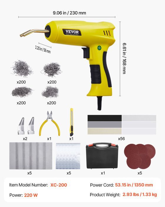 Kit de soldadura de plástico - VEVOR - XC-200 - 220 W - 800 grapas - 56 varillas de soldadura