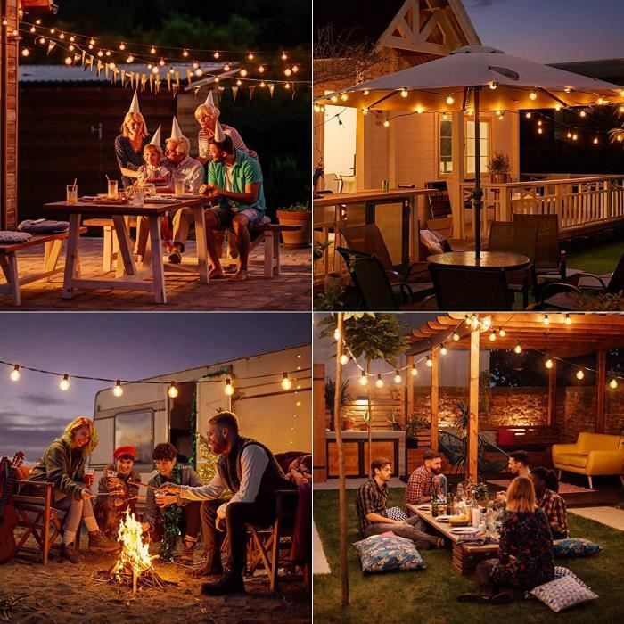 Guirlande Guinguette Extérieure Solaire 26FT Guirlande Lumineuse vec25+1 LED G40 Ampoules, 4 Modes d'éclairage,Solaire/USB