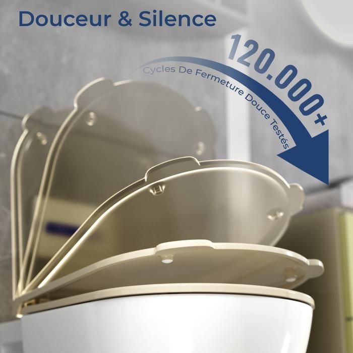 Asiento de inodoro silencioso AquaWise, resina Duroplast, taza de inodoro con cierre suave, antibacteriano, fácil de limpiar, fácil de quitar, color crema.