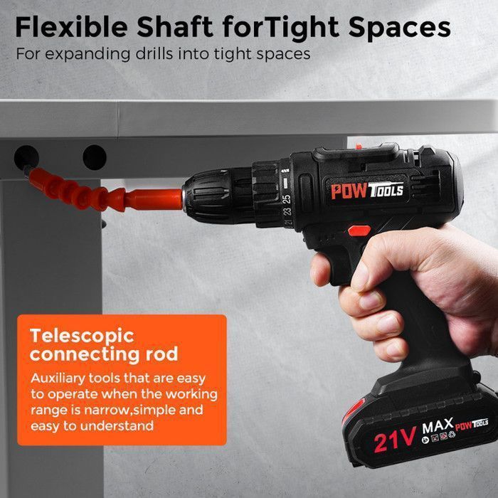 Taladro atornillador inalámbrico POWTOOLS - 21 V - 2 baterías de litio + 28 accesorios + cargador