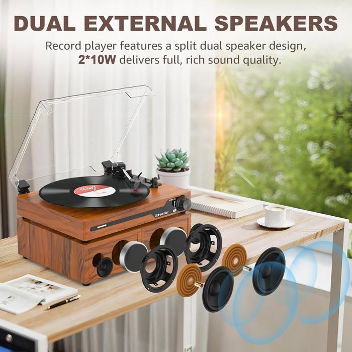 Giradischi vintage Bluetooth, 3 velocità, altoparlanti stereo, uscita RCA e Aux-In, portatile, arresto automatico